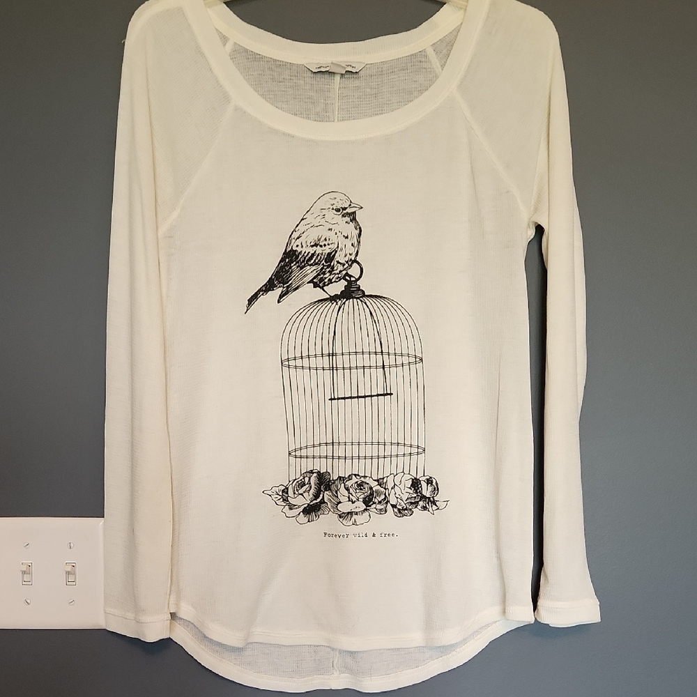 Cream Bird Print Long Sleeve Shirt